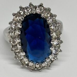 18k White Gold Halo Blue and White Sapphire Ring